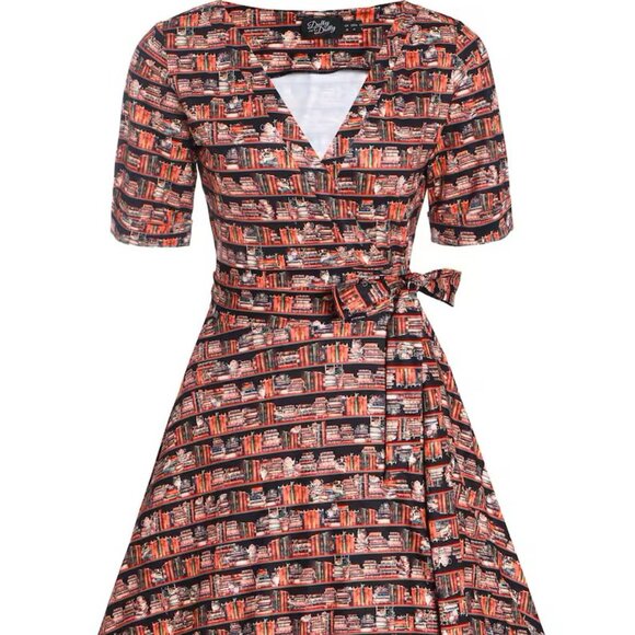 NWT Vintage-Inspired Cat & Book Wrap Dress, size 8 - Picture 13 of 15